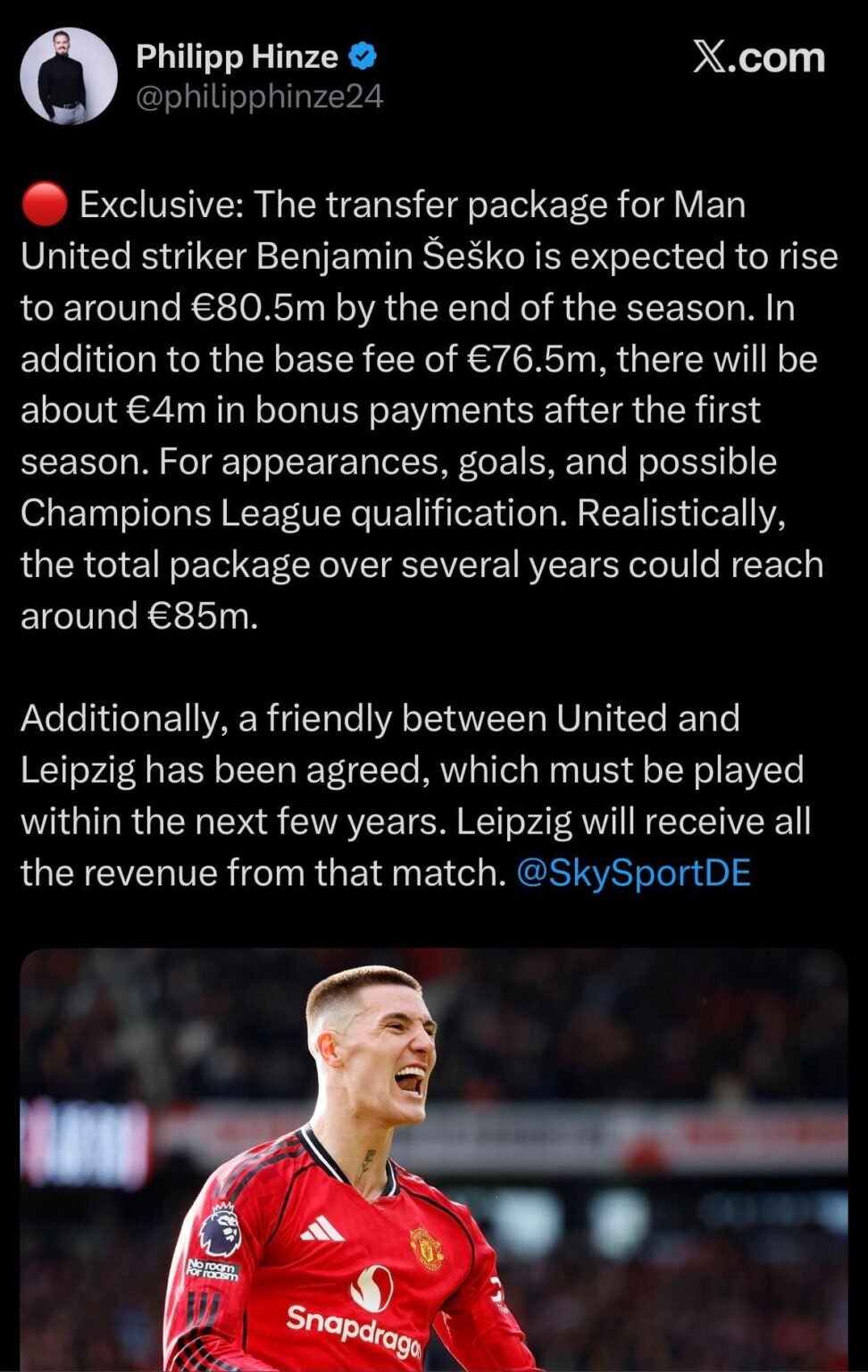 [Philipp Hinze] Exclusive: The transfer package for Man United striker Benjamin Šeško is expected to rise to around €80.5m by the end of the season. In addition to the base fee of €76.5m, there will be about €4m in bonus payments after the first season. For appearances, goals….