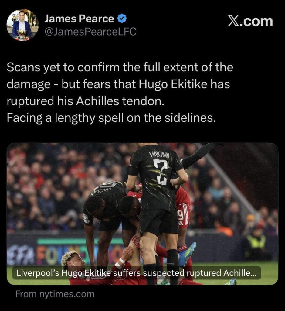 [Pearce] Scans yet to confirm the full extent of the damage - but fears that Hugo Ekitike has ruptured his Achilles tendon. Facing a lengthy spell on the sidelines.