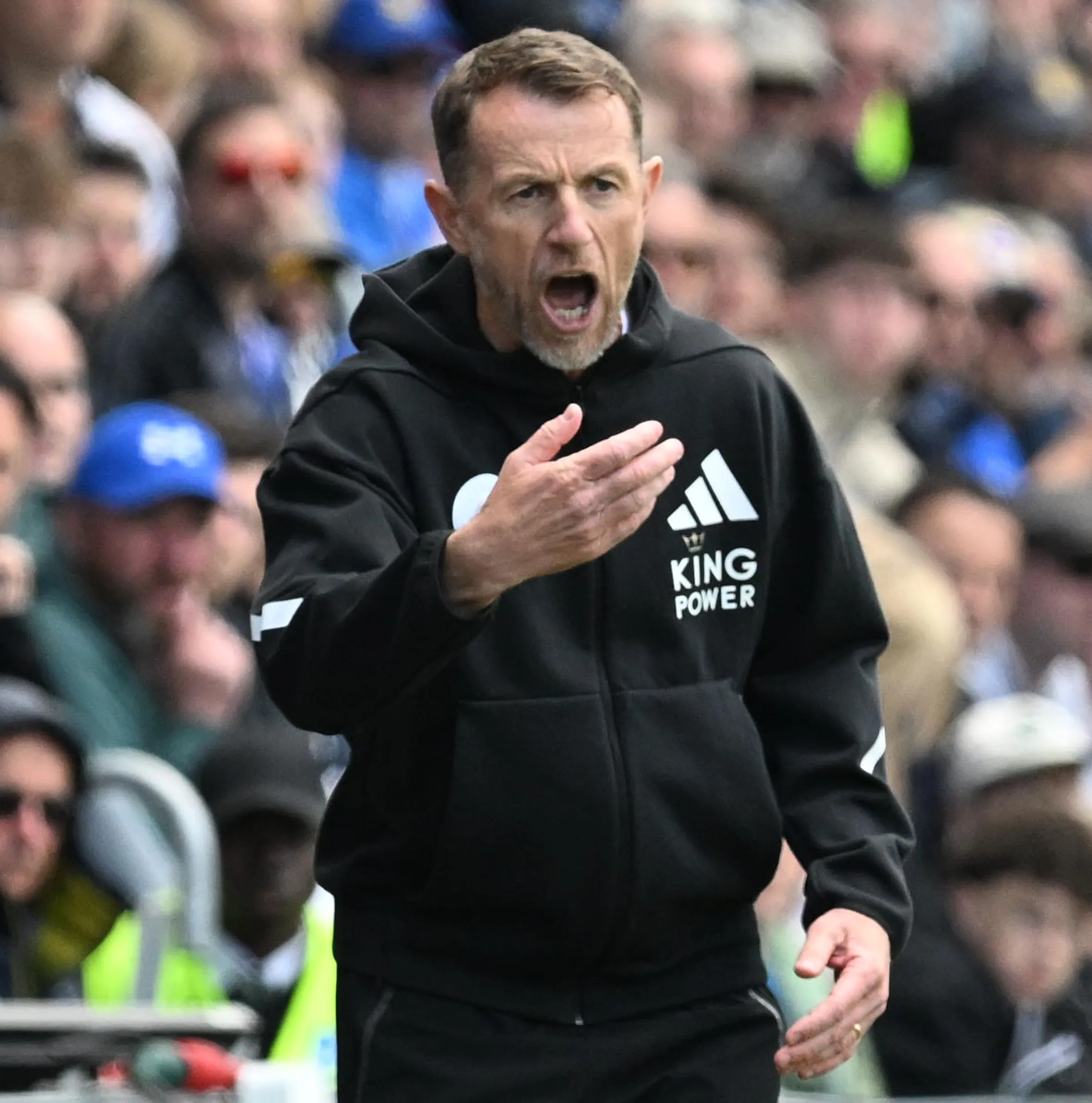 Leicester City manager Gary Rowett shouting and gesturing during a soccer match.
