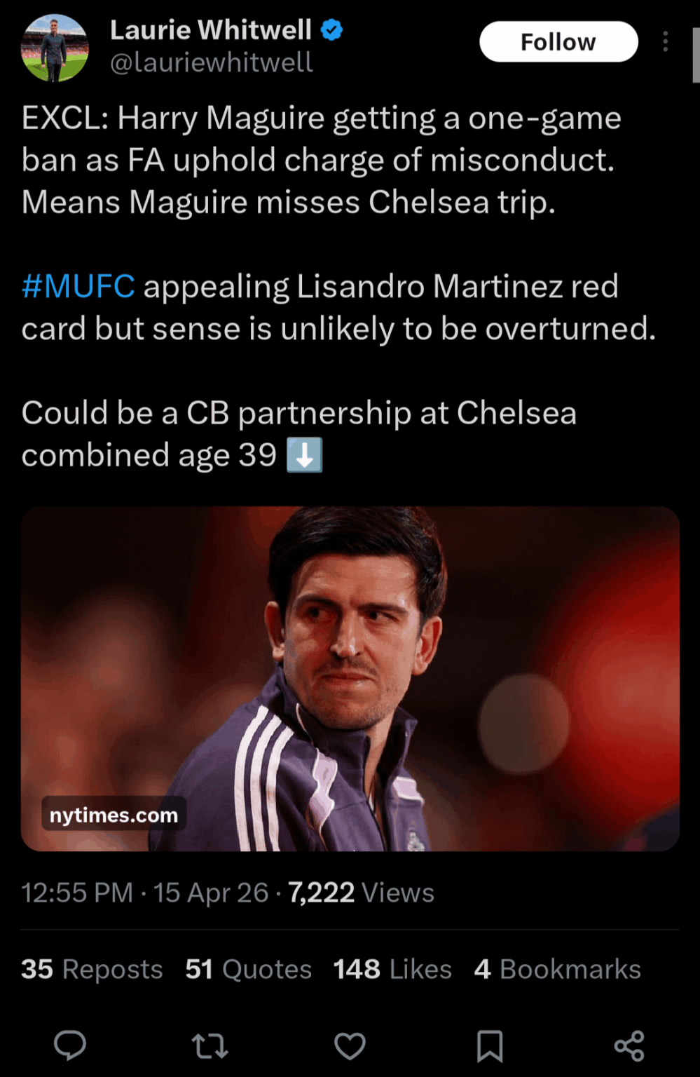 Laurie Whitwell: EXCL: Harry Maguire getting a one-game ban as FA uphold charge of misconduct. Means Maguire misses Chelsea trip. #MUFC appealing Lisandro Martinez red card but sense is unlikely to be overturned. Could be a CB partnership at Chelsea combined age 39