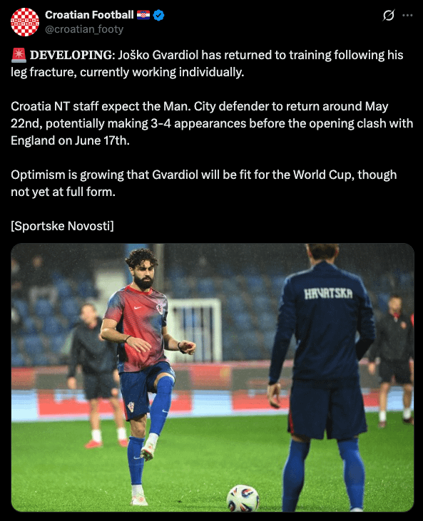 Gvardiol expected to return around May 22nd