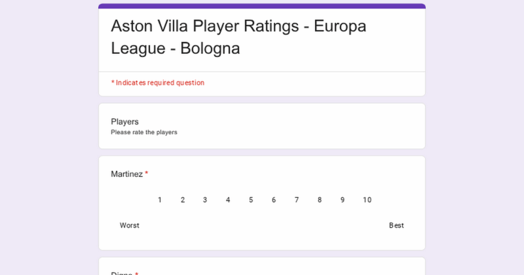 Player Ratings Survey - Europe League - Bologna