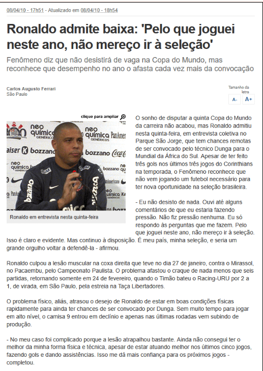 Ronaldo em 2010 sobre ir pra Copa