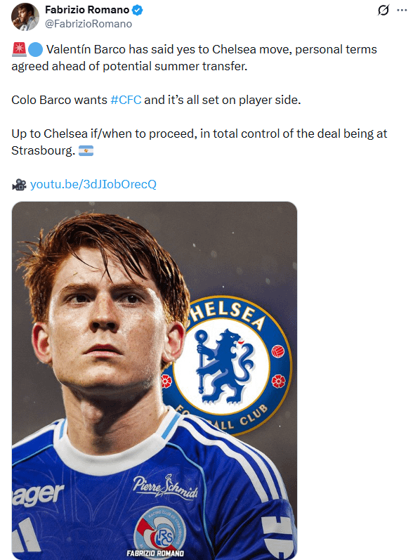 [Fabrizio Romano]:🚨🔵 Valentín Barco has said yes to Chelsea move, personal terms agreed ahead of potential summer transfer.

Colo Barco wants #CFC and it’s all set on player side.

Up to Chelsea if/when to proceed, in total control of the deal being at Strasbourg. 🇦🇷