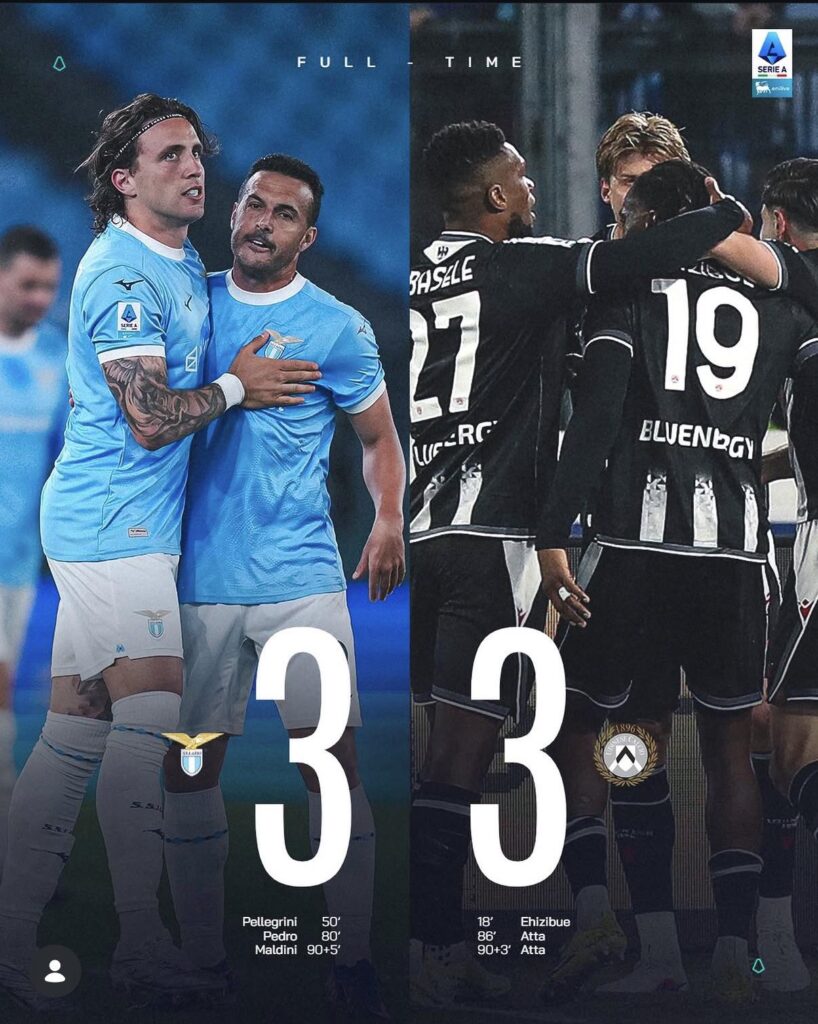 Late drama in Lazio-Udinese tie that ends in a draw.
