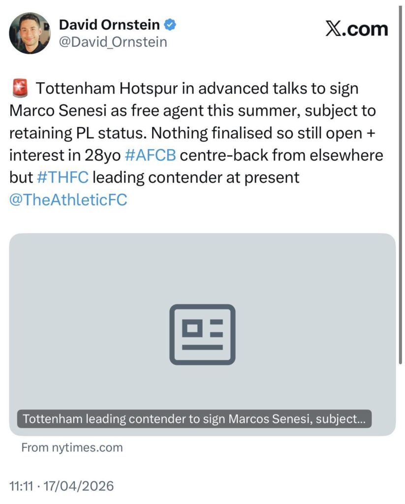 🚨 Tottenham Hotspur in advanced talks to sign Marco Senesi as free agent this summer, subject to retaining PL status. Nothing finalised so still open + interest in 28yo #AFCB centre-back from elsewhere but #THFC leading contender at present (David Ornstein 🥇)