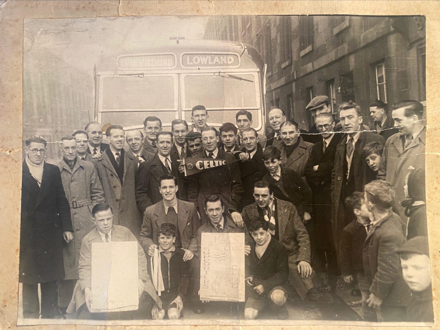 1948 , Glasgow, Macs Celtic Supporters, Macs Bar, Greyhound bus, Mac’s bar was on the Corner of Crown St and Govan St in the Gorbals part of the city.