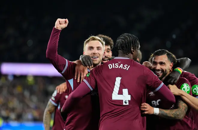 West Ham United's Jarrod Bowen celebrates their sides third goal during the Premier League match at London Stadium on Friday