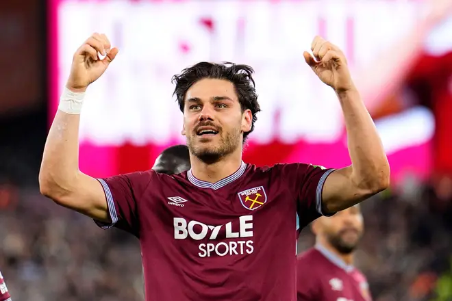 West Ham United's Konstantinos Mavropanos celebrates scoring their side's fourth goal of the game
