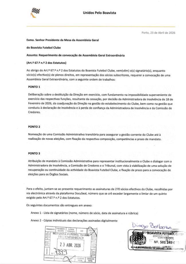 Requerimento de convocação de AG