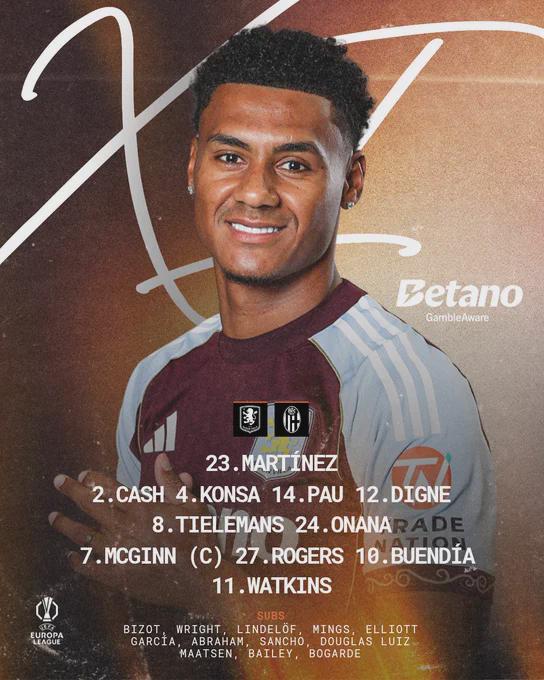 Villa Lineup vs. Bologna (H): Martinez, Cash, Konsa, Pau, Digne, Tielemans, Onana, McGinn (c), Rogers, Buendía, Watkins