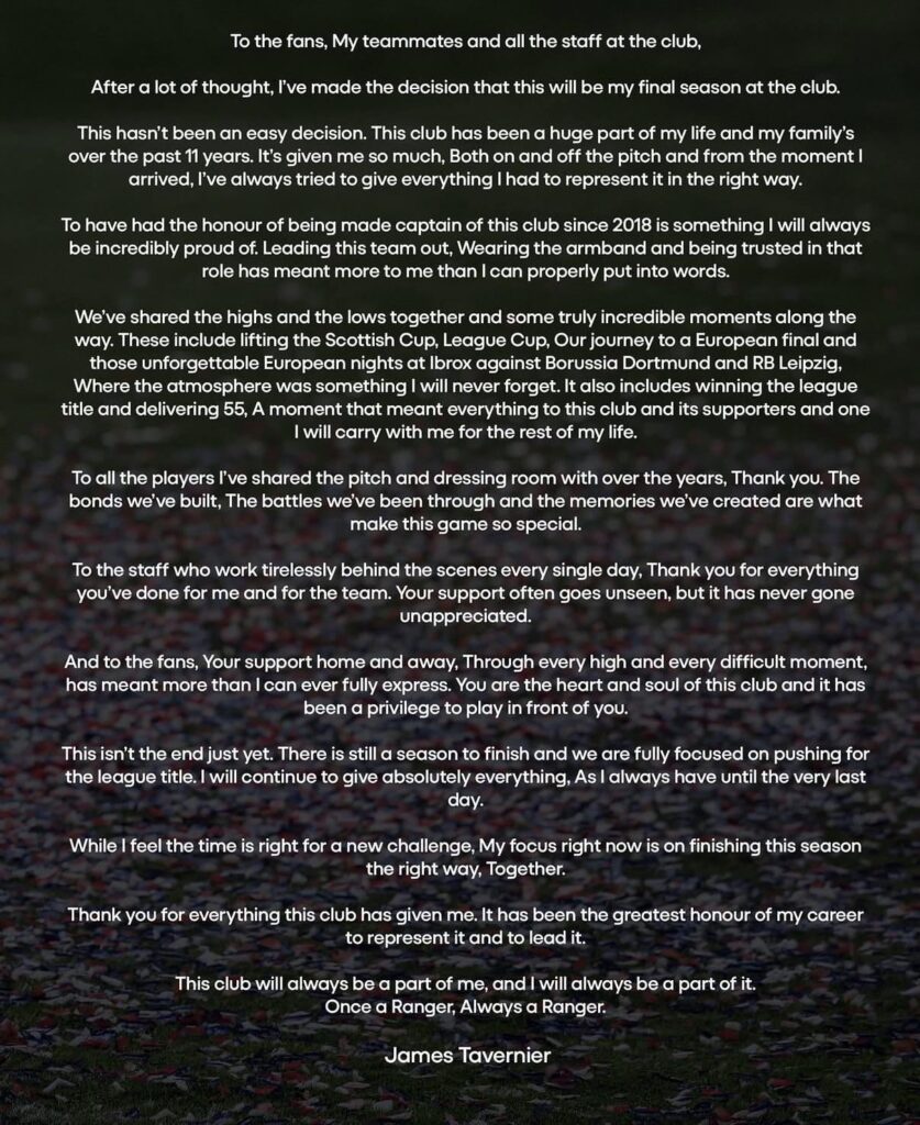 James Tavernier will leave Rangers at the end of the season