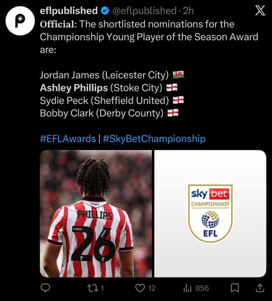 Ashley Phillips nominated for EFL Young Player of the Year