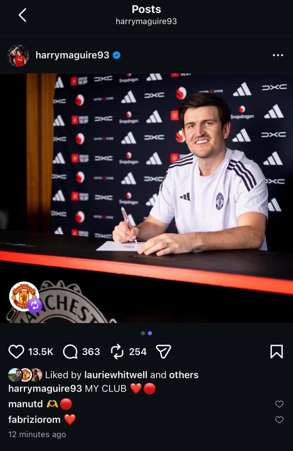 Harry Maguire on IG: “MY CLUB ❤️🔴”