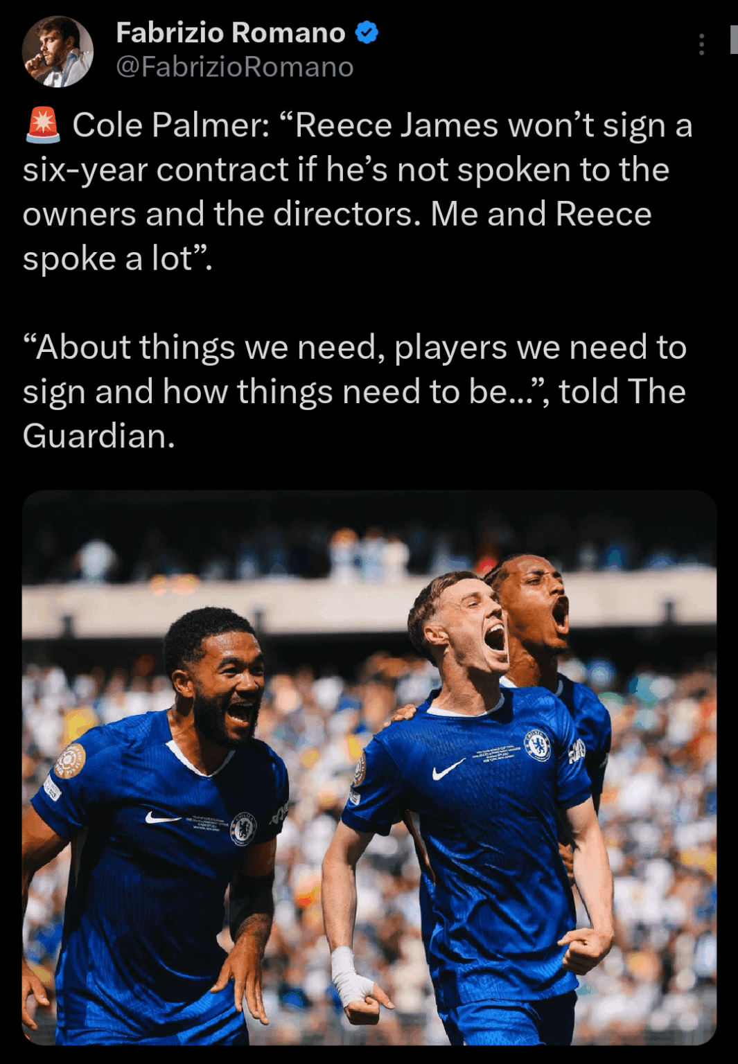 Cole Palmer: “Reece James won’t sign a six-year contract if he’s not spoken to the owners and the directors. Me and Reece spoke a lot”. 

“About things we need, players we need to sign and how things need to be...”