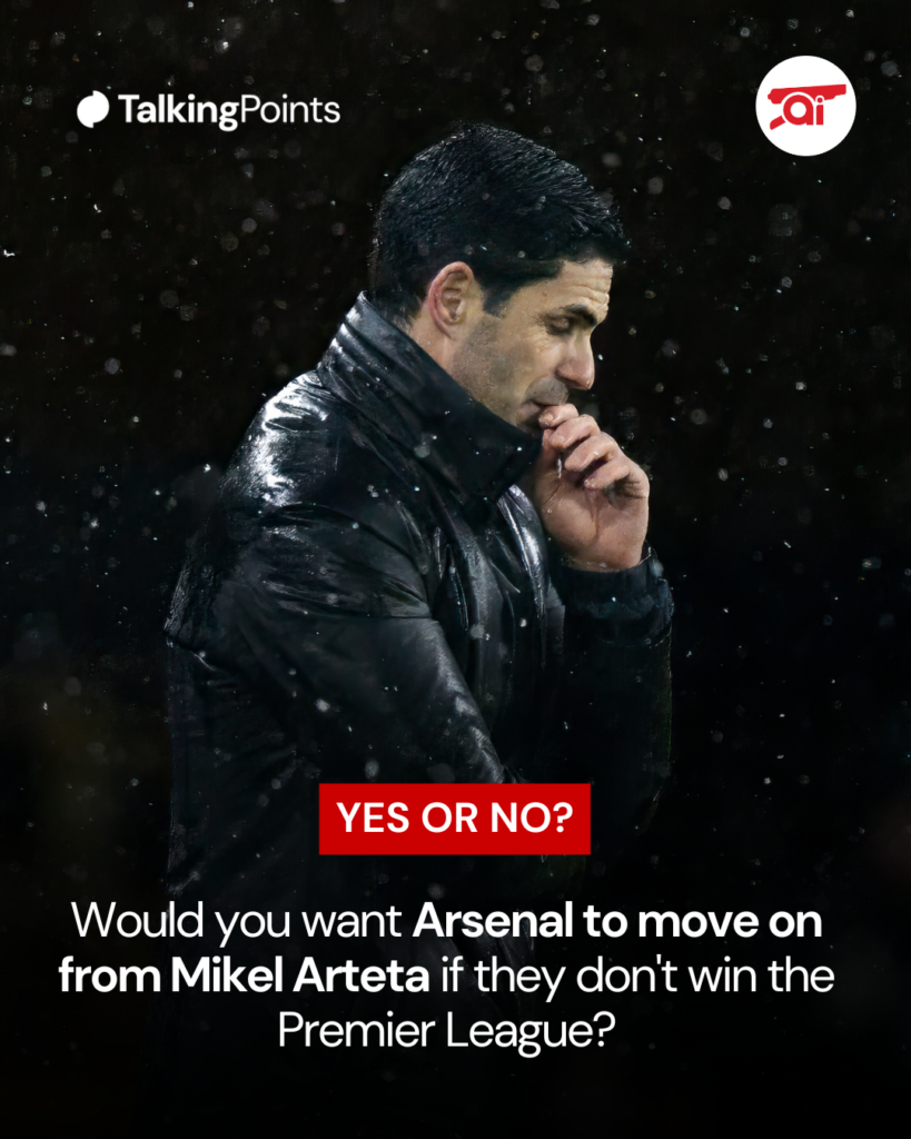 A graphic asking Arsenal fans how they would feel about Mikel Arteta's future if Arsenal failed to win the Premier League.