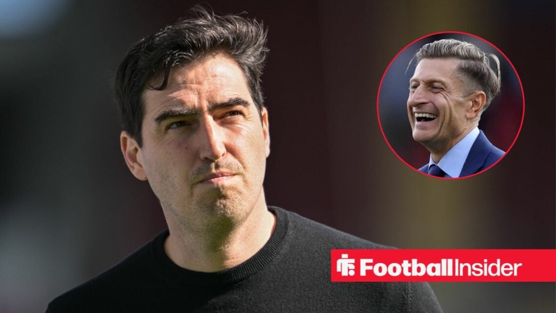 Andoni Iraola glances towards Crystal Palace chairman Steve Parish, who grins in a circular inset.