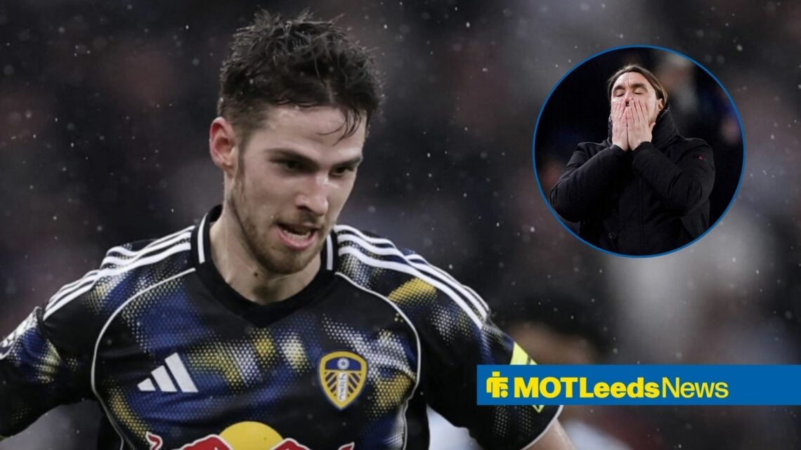 Anton Stach in action for Leeds United, Daniel Farke reacts after missed chances vs Manchester City.