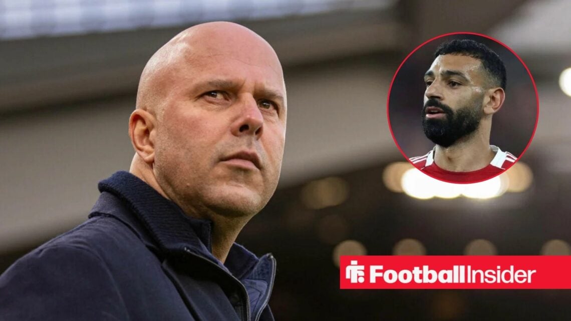 Arne Slot on the sidelines at Liverpool, with Mohamed Salah in a circular inset