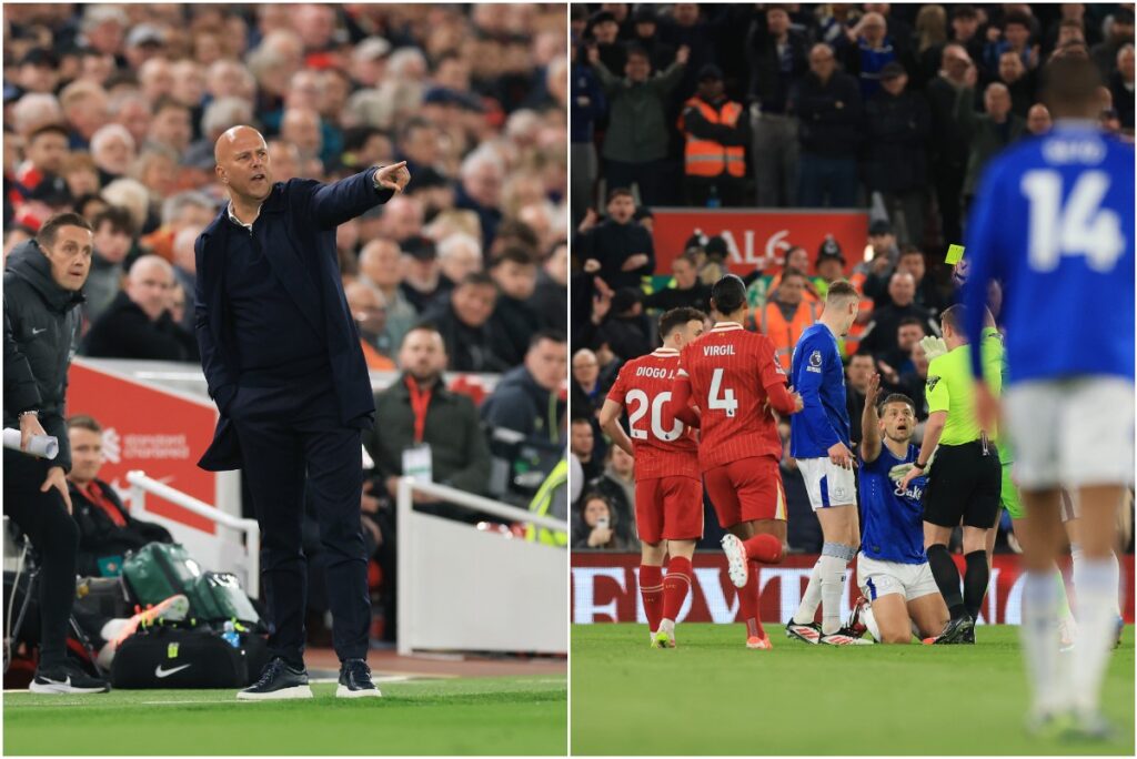 Arne Slot reacts during Liverpool vs Everton