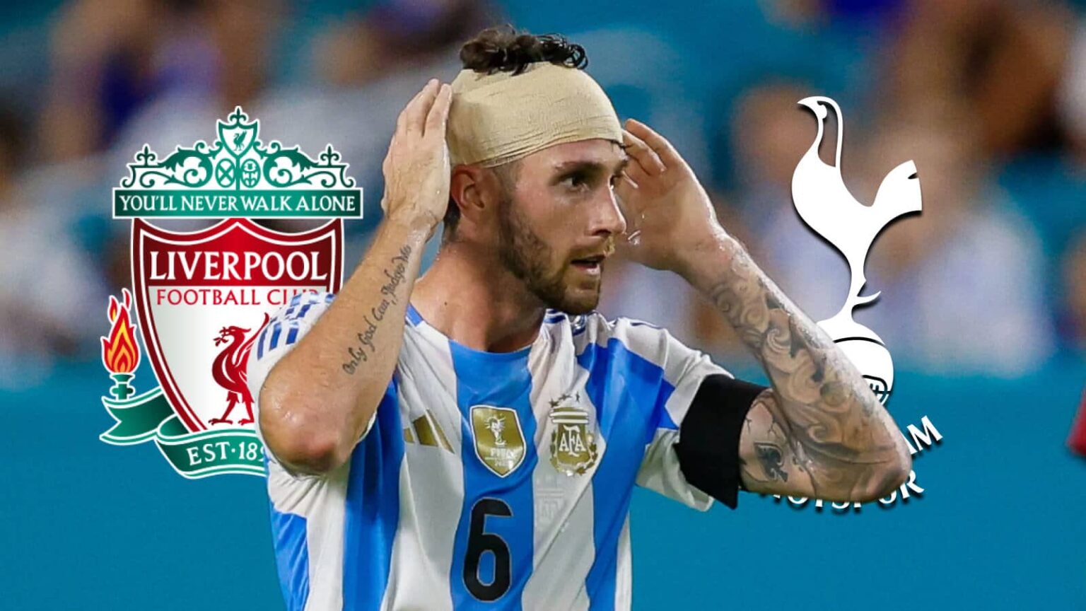 Bournemouth's Argentina international defender Marcos Senesi next to the Liverpool and Tottenham Hotspur badges