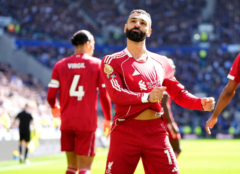 Mohamed Salah celebrates at Everton after scoring his 257th goal for Liverpool. Photograph: Nick Potts/PA