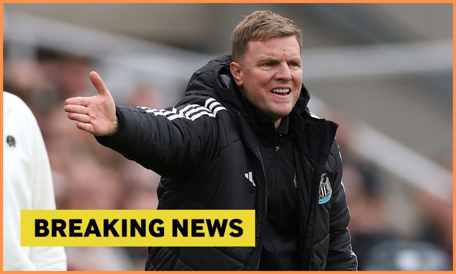 Eddie Howe and yellow 'breaking news' banner