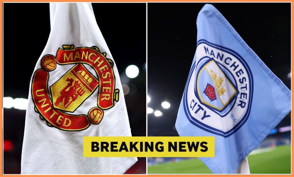 Manchester United and Manchester City logos on corner flags