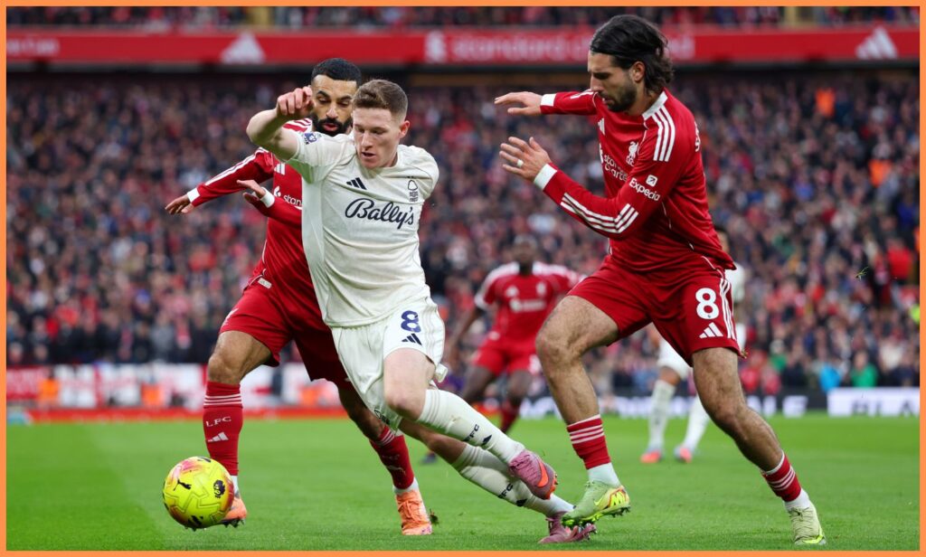 Elliot Anderson in action for Nottingham Forest against Liverpool