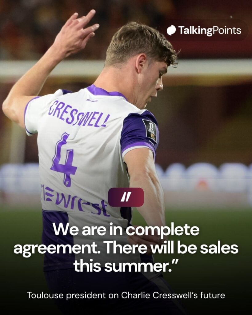 Charlie Cresswell of Toulouse during the Ligue 1 McDonald's football match between RC Lens (RCL) and Toulouse FC (TFC, Tefece) at Stade Bollaert-Delelis on April 17, 2026 in Lens, France.