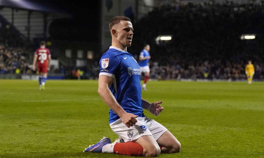 Colby Bishop celebrates Portsmouth’s second goal