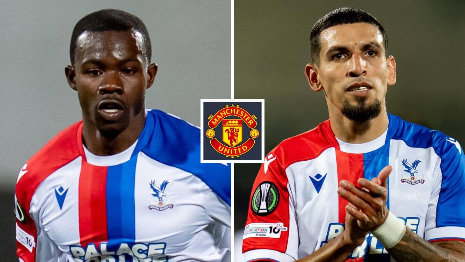Crystal Palace pair Tyrick Mitchell and Daniel Munoz next to the Manchester United badge