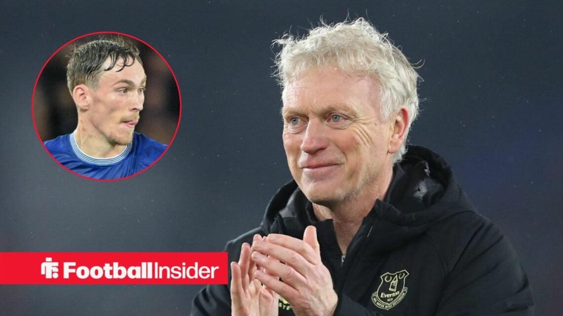 David Moyes on the sidelines at Everton, with James Garner in a circular inset
