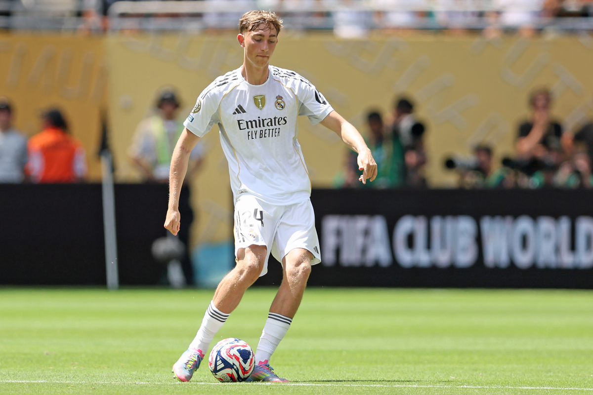 MIAMI GARDENS, FLORIDA - JUNE 18: Dean Huijsen #24 of Real Madrid C.F. controls the ball during the FIFA Club World Cup 2025 group H match between Real Madrid CF and Al Hilal at Hard Rock Stadium on June 18, 2025 in Miami Gardens, Florida. (Photo by Megan Briggs/Getty Images)