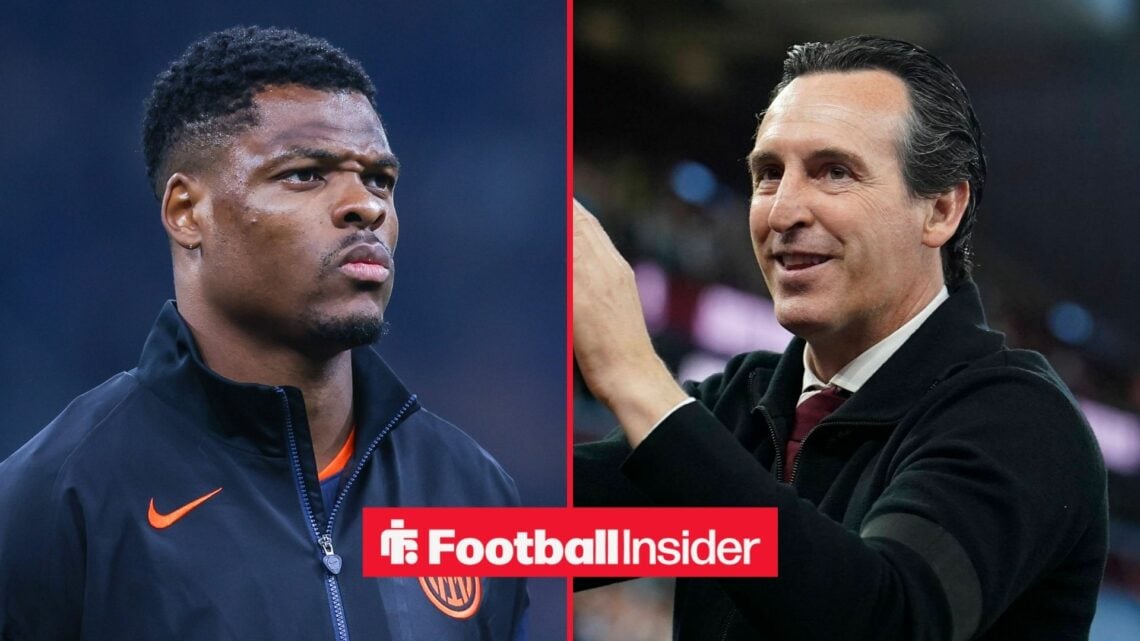 Inter Milan defender Denzel Dumfries stands before a game, as Aston Villa manager Unai Emery grins on the other side of a split image.