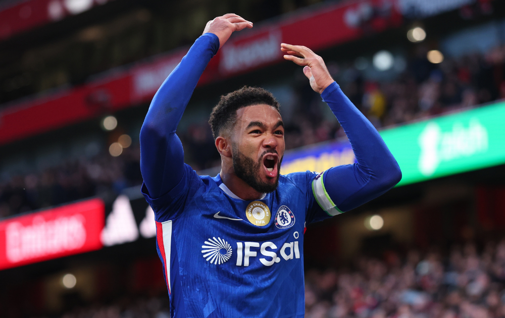 Reece James of Chelsea celebrates after his corner is deflected by Piero Hincapie of Arsenal to level the score at 1-1 during the Premier League match between Arsenal and Chelsea at Emirates Stadium