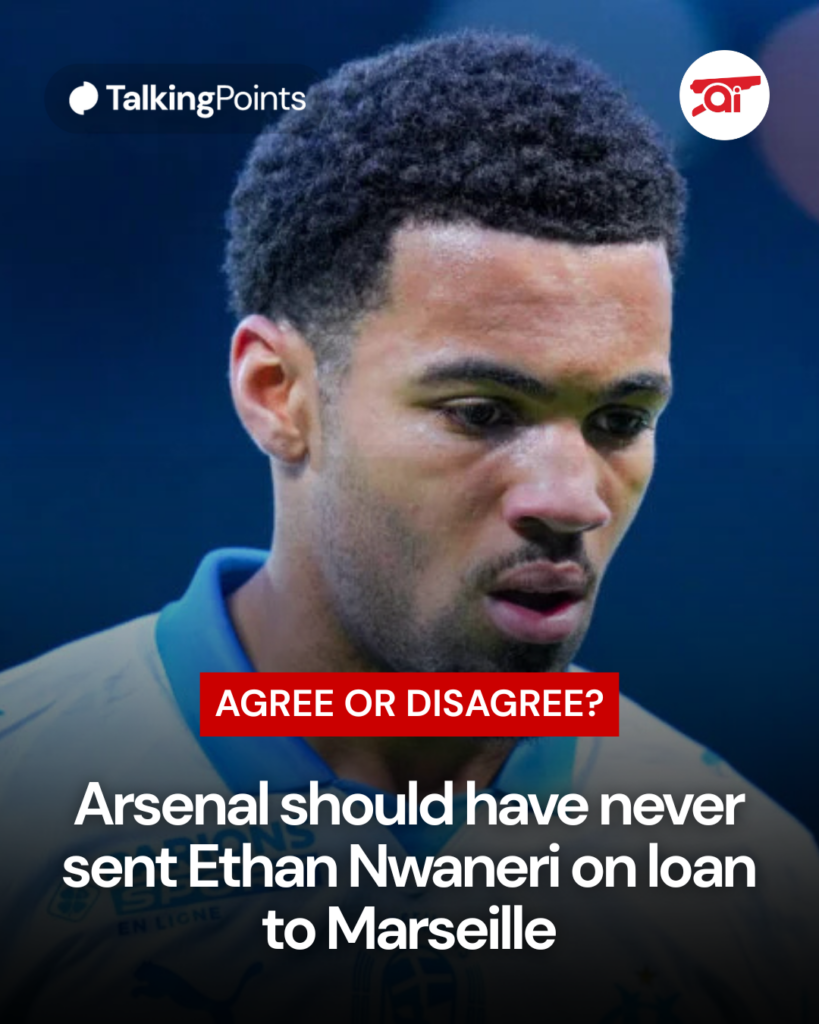 Image of Ethan Nwaneri looking dejected, overlaid a question to Arsenal fans about his loan move to Marseille