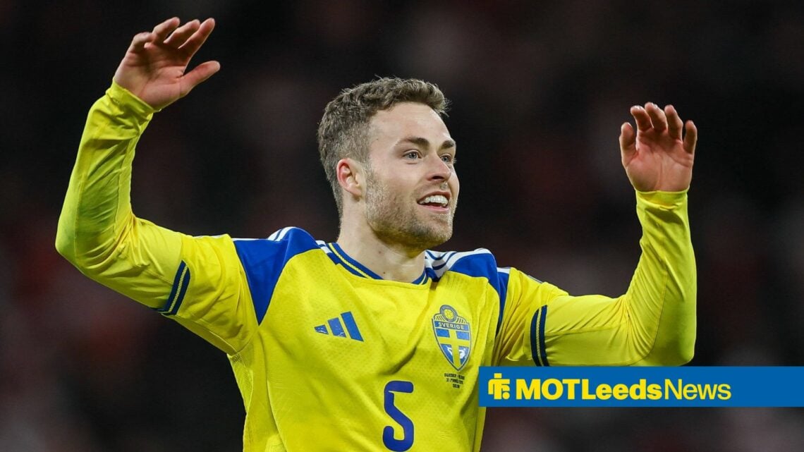 Leeds United star Gabriel Gudmundsson celebrates for Sweden.