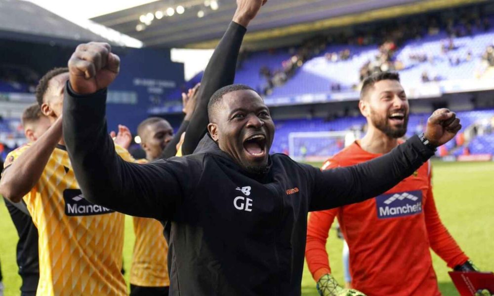 Maidstone United manager George Elokobi celebrates victory over EFL side Ipswich Town PICTURE: Alamy