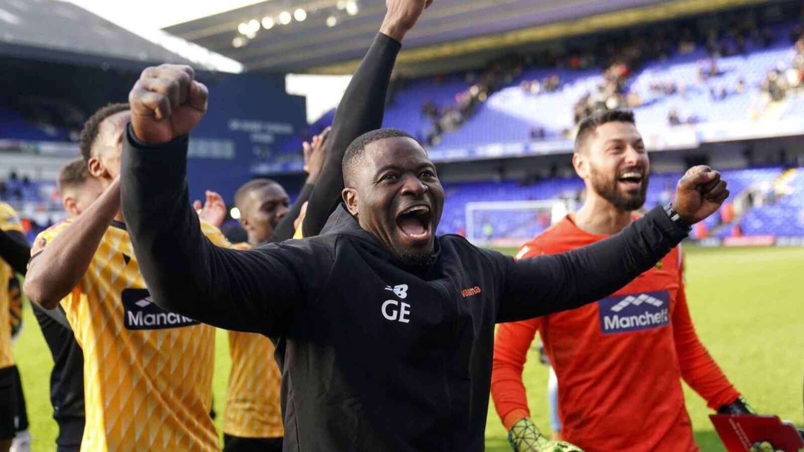 Maidstone United manager George Elokobi celebrates victory over EFL side Ipswich Town PICTURE: Alamy