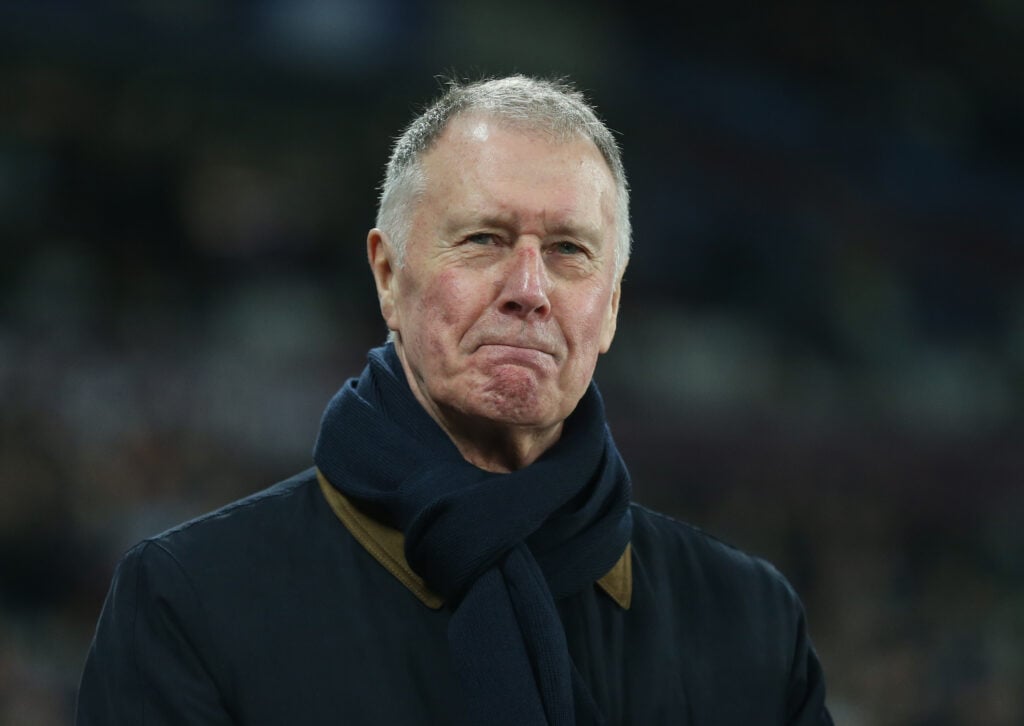 Sir Geoff Hurst during a tribute to the late Martin Peters prior to the match during the Premier League match between West Ham United and Leicester City at London Stadium