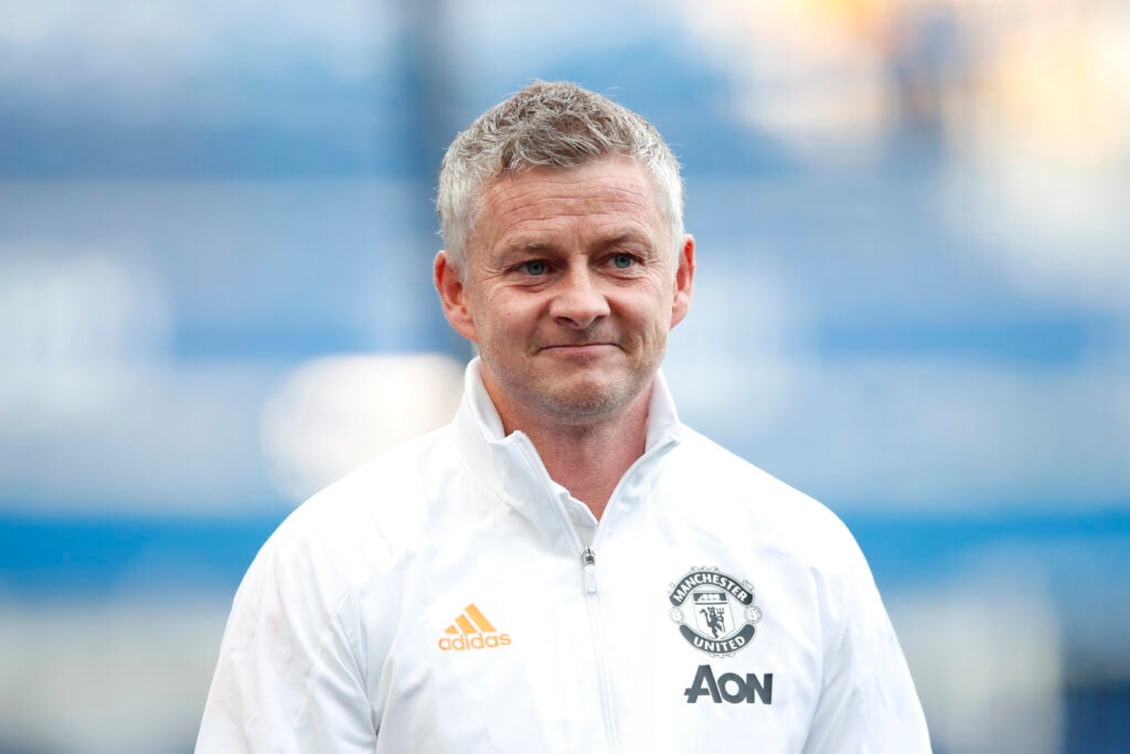 Ole Gunnar Solskjaer looks on prior to the Premier League match between Everton and Manchester United at Goodison Park in 2020 in Liverpool, England.