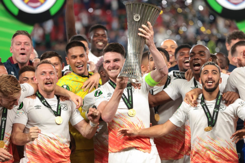 Declan Rice lifts the Europa Conference League trophy with West Ham