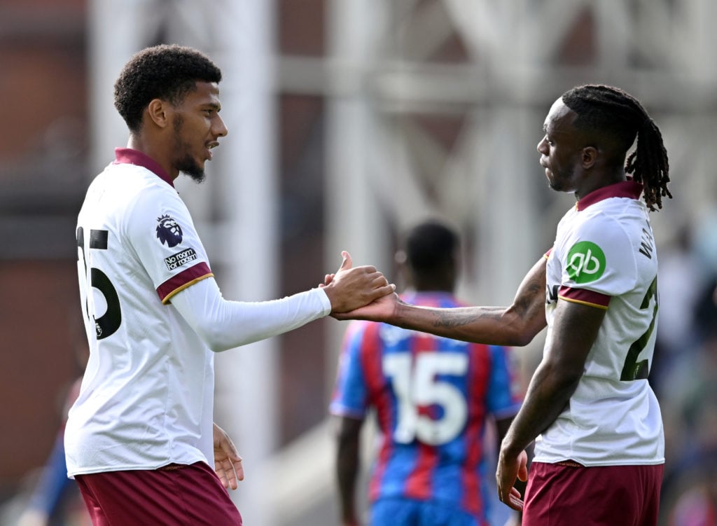 West Ham defenders Jean-Clair Todibo and Aaron Wan-Bissaka shake hands