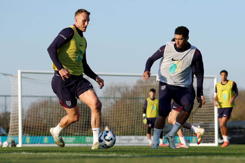 Jude Bellingham and Dan Burn during an England training session.