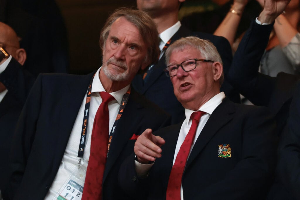 Sir Jim Ratcliffe and Sir Alex Ferguson discuss in the tribune, prior to kick-off, in the 2025 UEFA Europa League final between Tottenham Hotspur and Manchester United at the Estadio San Mames in Bilbao, Spain, in 2025.