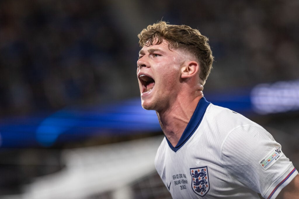 Charlie Cresswell reacts while playing for England U21s against Germany U21s.