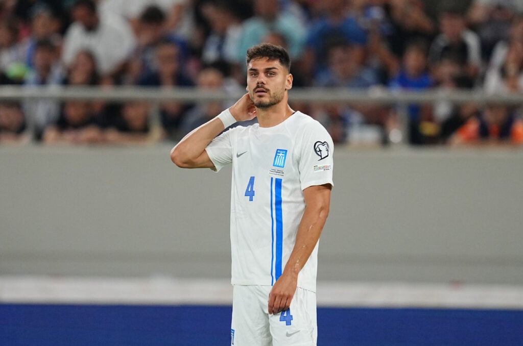 Konstantinos Mavropanos playing for Greece vs Denmark.