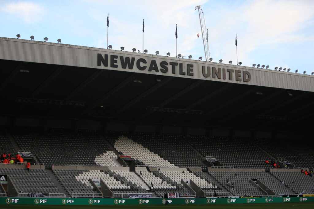 PIF sponsorship is seen inside Newcastle United's stadium St James' Park.