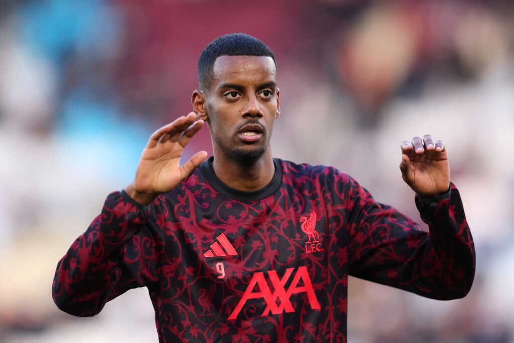Alexander Isak warms up ahead of Liverpool's Premier League match against West Ham United at the London Stadium.